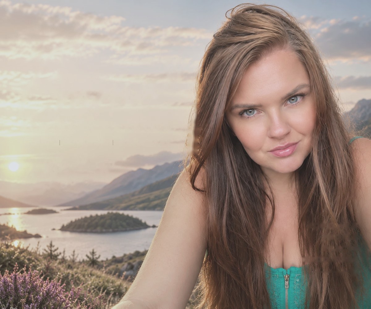 Emma, Scottish lifestyle and UGC creator, beside a Highland loch at sunset